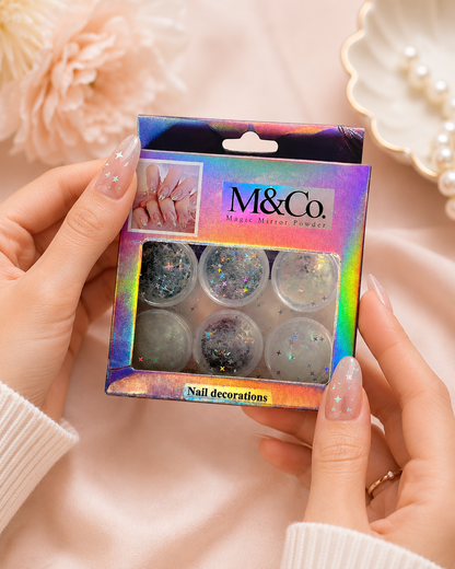 M&Co Decoración Uñas Brillante Holográfico Plateado Estrella