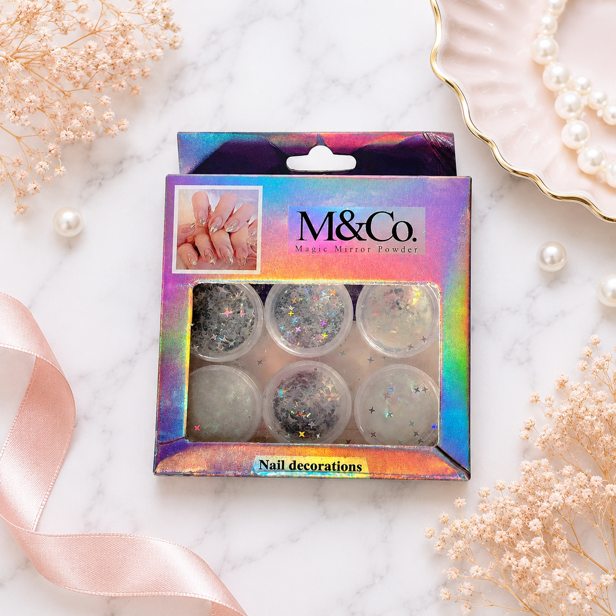 M&Co Decoración Uñas Brillante Holográfico Plateado Estrella